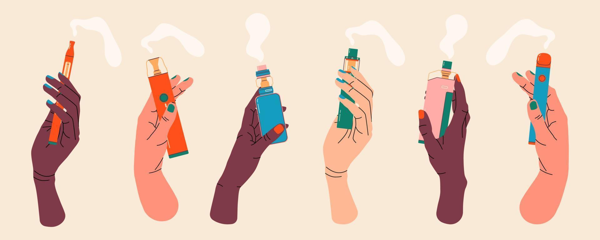 Hands holding vapes, colorful illustrations set. Electronic cigarettes and vape concept. Modern vector illustration. Variety of designs vape pens and pod mods. Flat vector design for web.