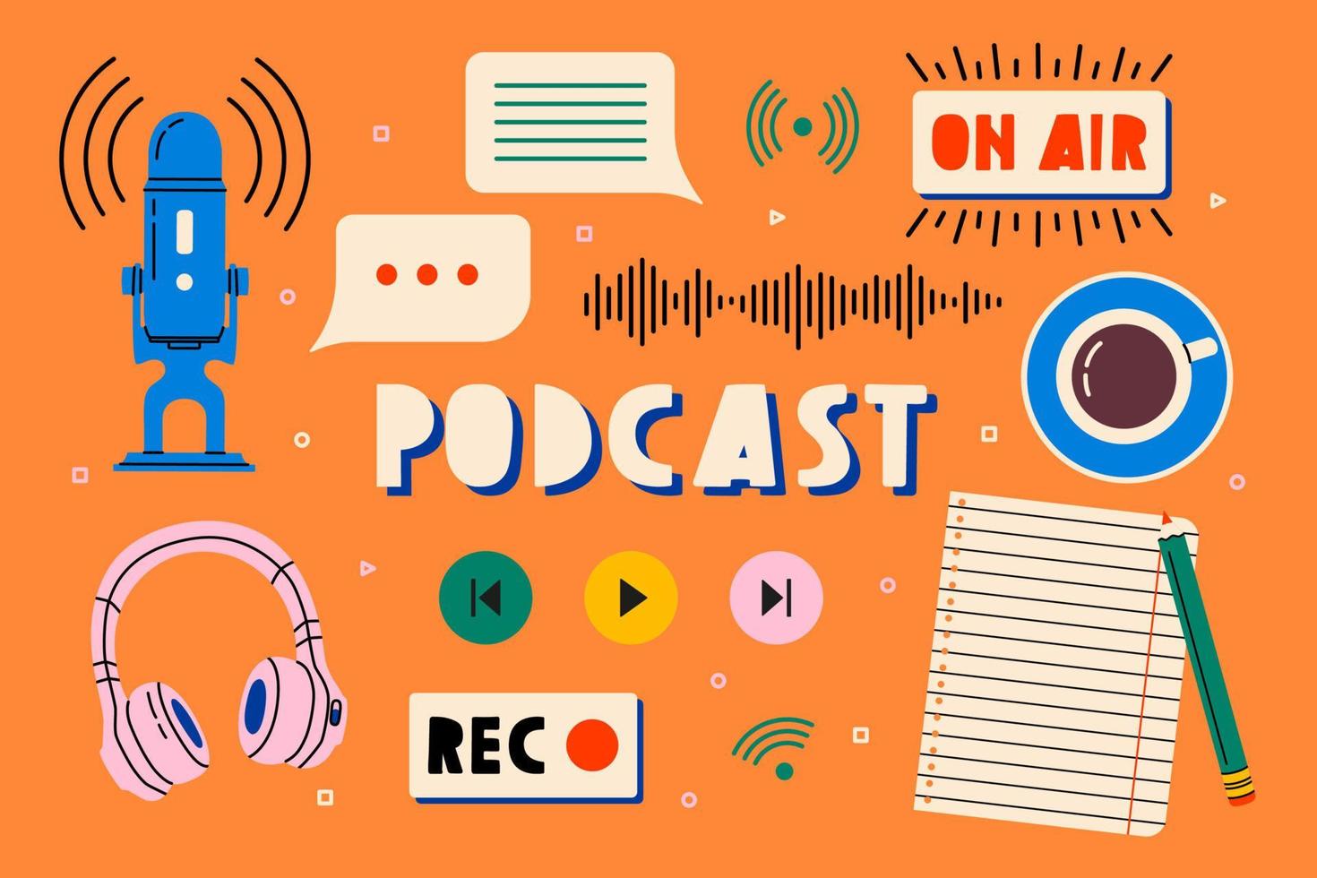 Headphones, microphone, note list, tea, speech bubbles icons. Podcast recording and listening, broadcasting, online radio, audio streaming service concept. Hand drawn vector isolated illustrations