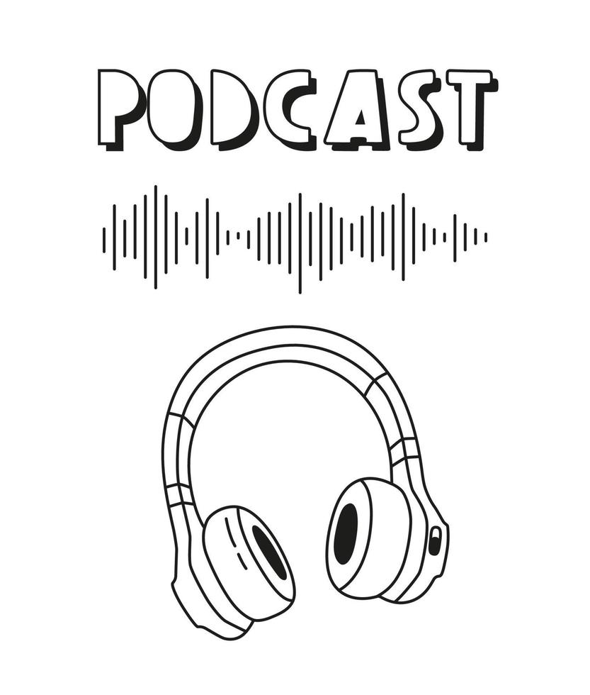 Headphones, on air icons on white background. Podcast recording and listening, broadcasting, online radio, audio streaming service concept. Hand drawn vector isolated illustrations