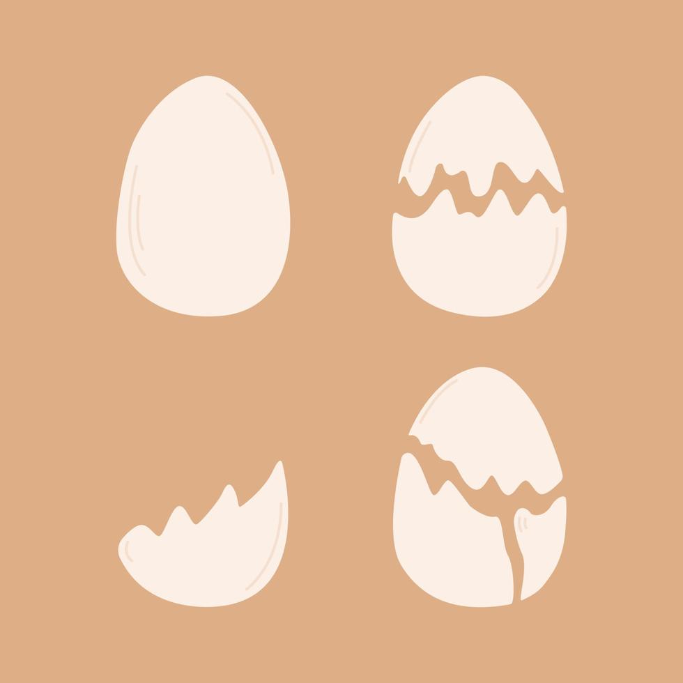 conjunto de huevos dibujados a mano estilo plano, ilustración vectorial aislado sobre fondo naranja. huevos enteros, rotos y abiertos, comida saludable, producto orgánico. elemento de diseño vector