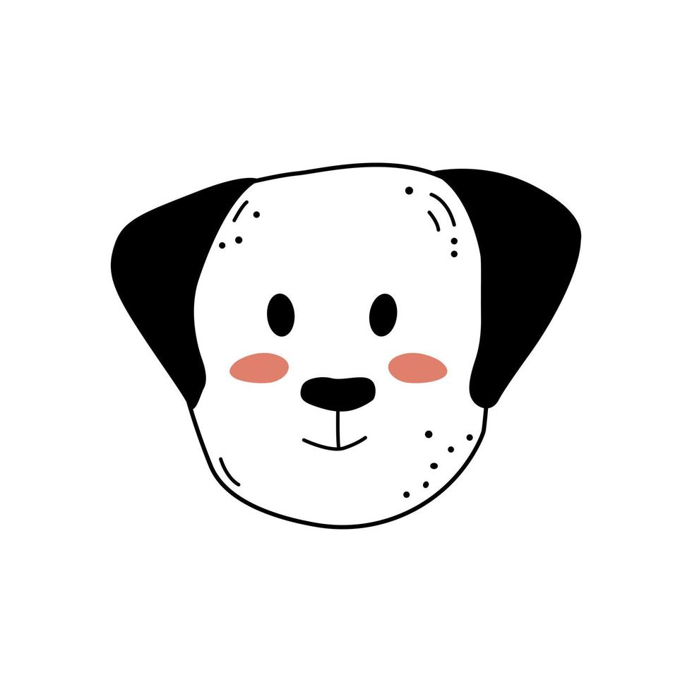 estilo de garabato de cara de perro lindo dibujado a mano, ilustración vectorial aislado sobre fondo blanco. animal de contorno negro con mejillas rosadas, elemento de diseño decorativo vector