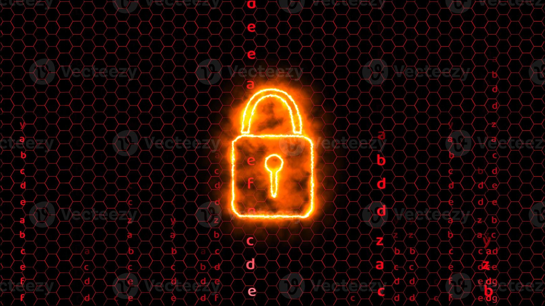 Quantum cryptography security technology lock hexagon wire matrix red theme photo