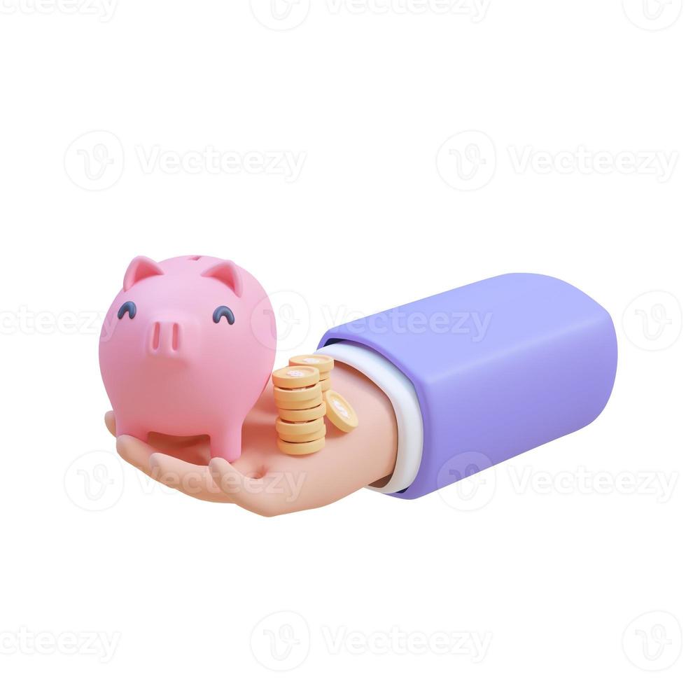 Cute piggy bank for collecting gold coins. Savings ideas for future investments. 3D Illustration. photo