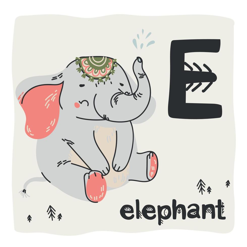 alfabeto con letras latinas en estilo escandinavo. e - elefante. alfabeto con lindos animales para la educación de los niños en colores pastel vector