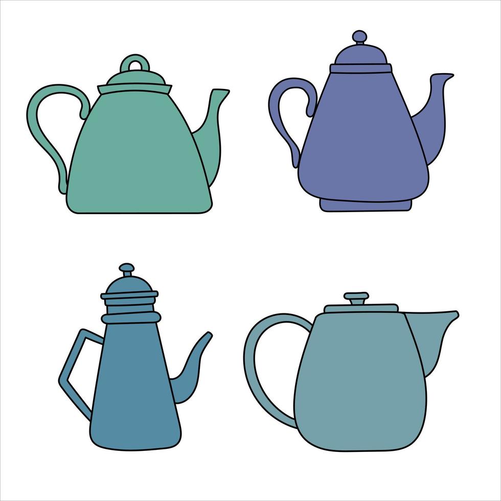 Teapot set. Tea time backdrop. Hand drawn doodle. vector