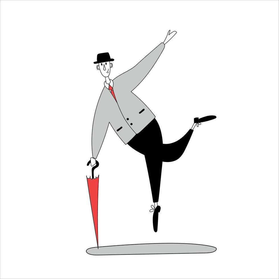 Man in a suit dancing on the street. Flat vector illustration in doodle style.