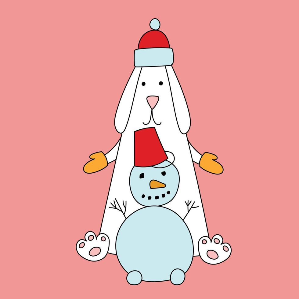 Rabbit symbol of 2023. Rabbit with snowman. Calendar template. vector