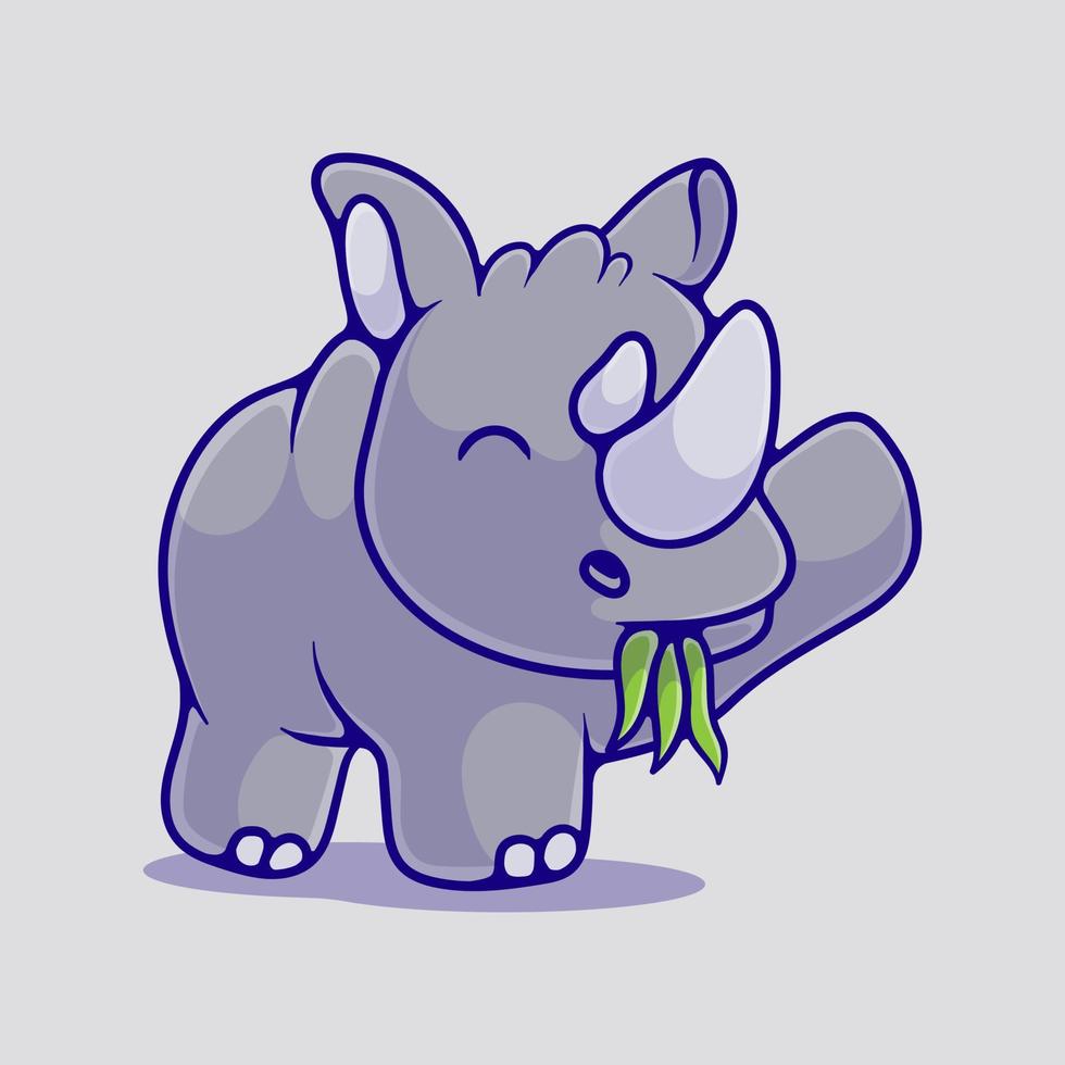 cute rhino eating grass illustration suitable for mascot sticker and t-shirt design vector