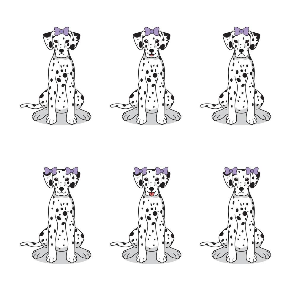 conjunto de perros dálmatas con lazo morado vector