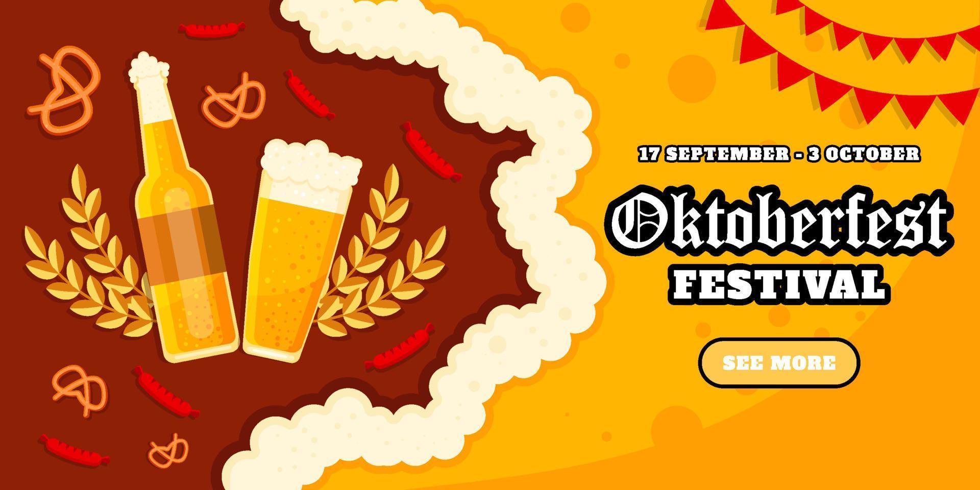 oktoberfest festival banner illustration with glass, bottle of beer, bread, wheat, and sausage vector