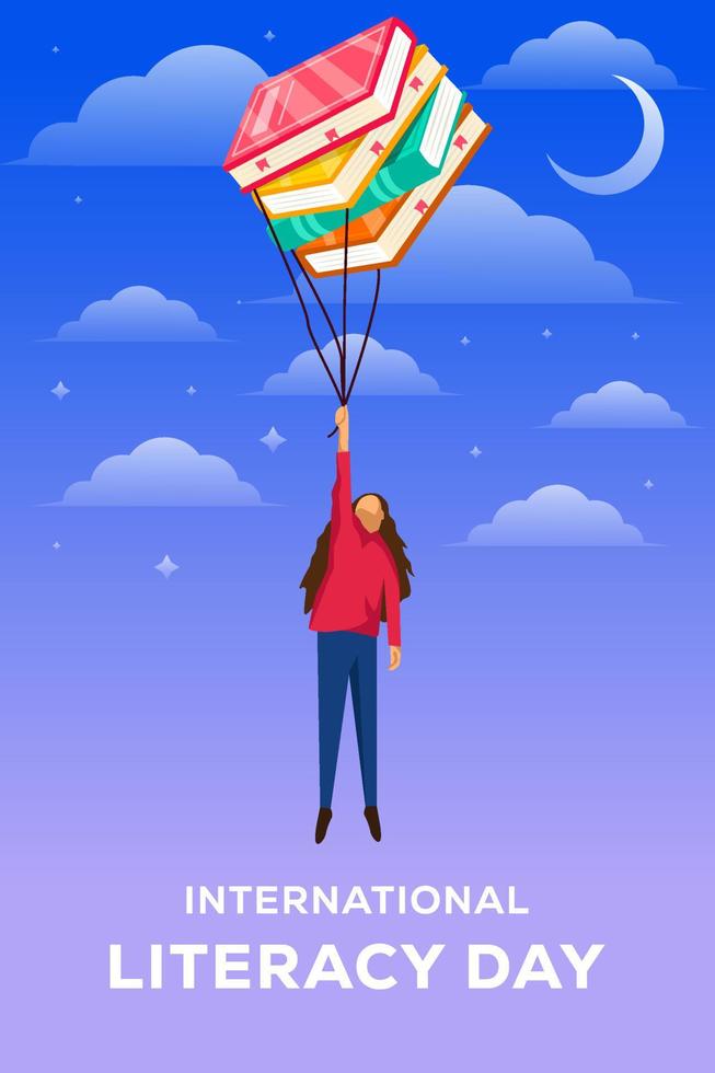 ilustración del día internacional de la alfabetización con una mujer volando con libros vector