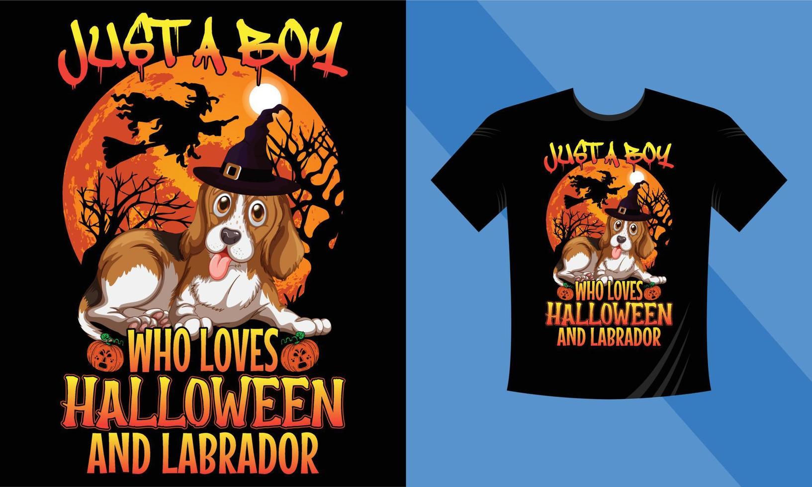 solo un chico que ama Halloween y Labrador: la mejor plantilla de diseño de camisetas de Halloween. labrador, calabaza, noche, luna, bruja, máscara. camiseta de fondo nocturno para imprimir. vector