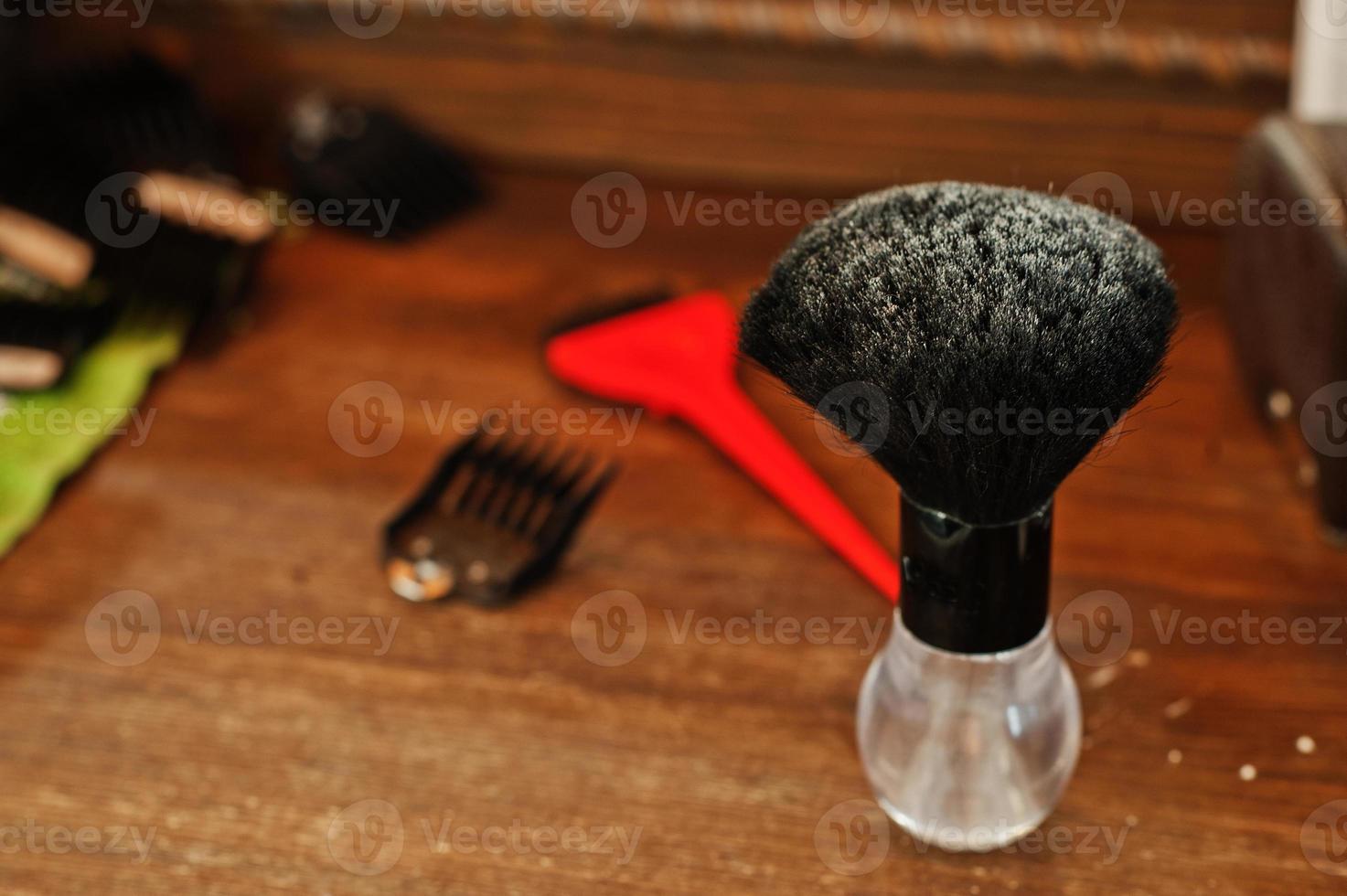 Barber tools on wooden background table. photo