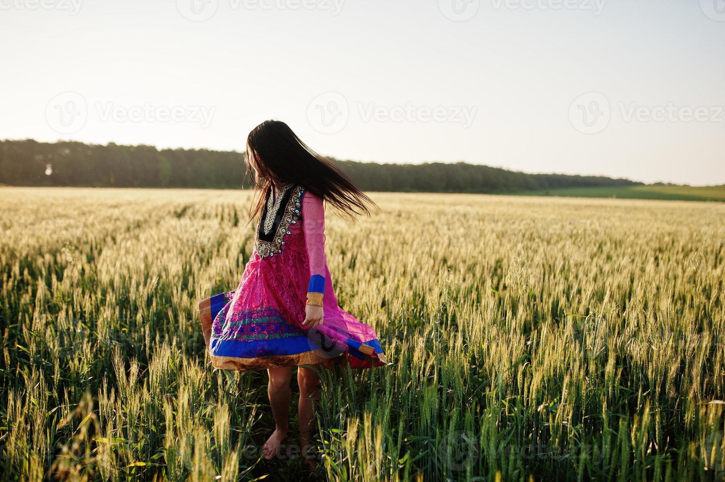 Tender indian girl in saree, with violet lips make up posed at field in sunset. Fashionable india model. photo