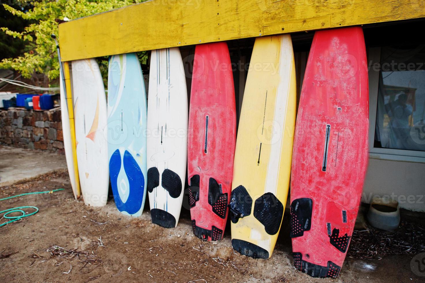 Old surf boards.Summer vacation and sport extreme concept. photo