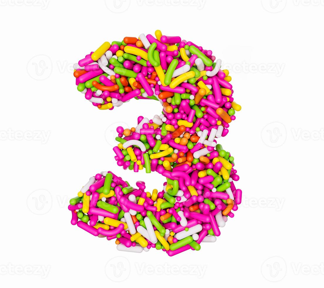 Digit 3 made of Colorful Sprinkles Numeric Three Rainbow sprinkles 3d illustration photo