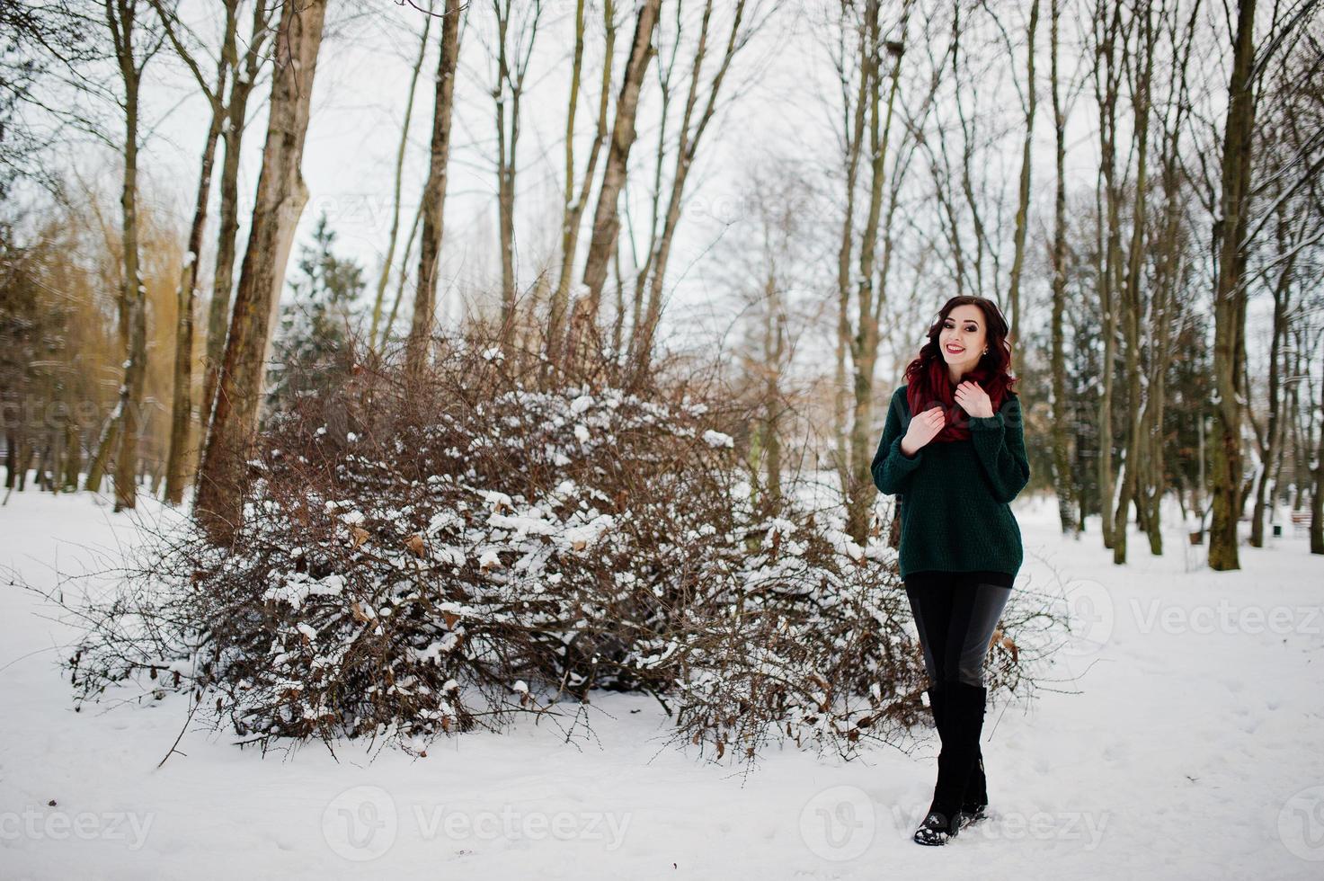 Brunette girl in green sweater and red scarf outdoor on evening winter day. photo