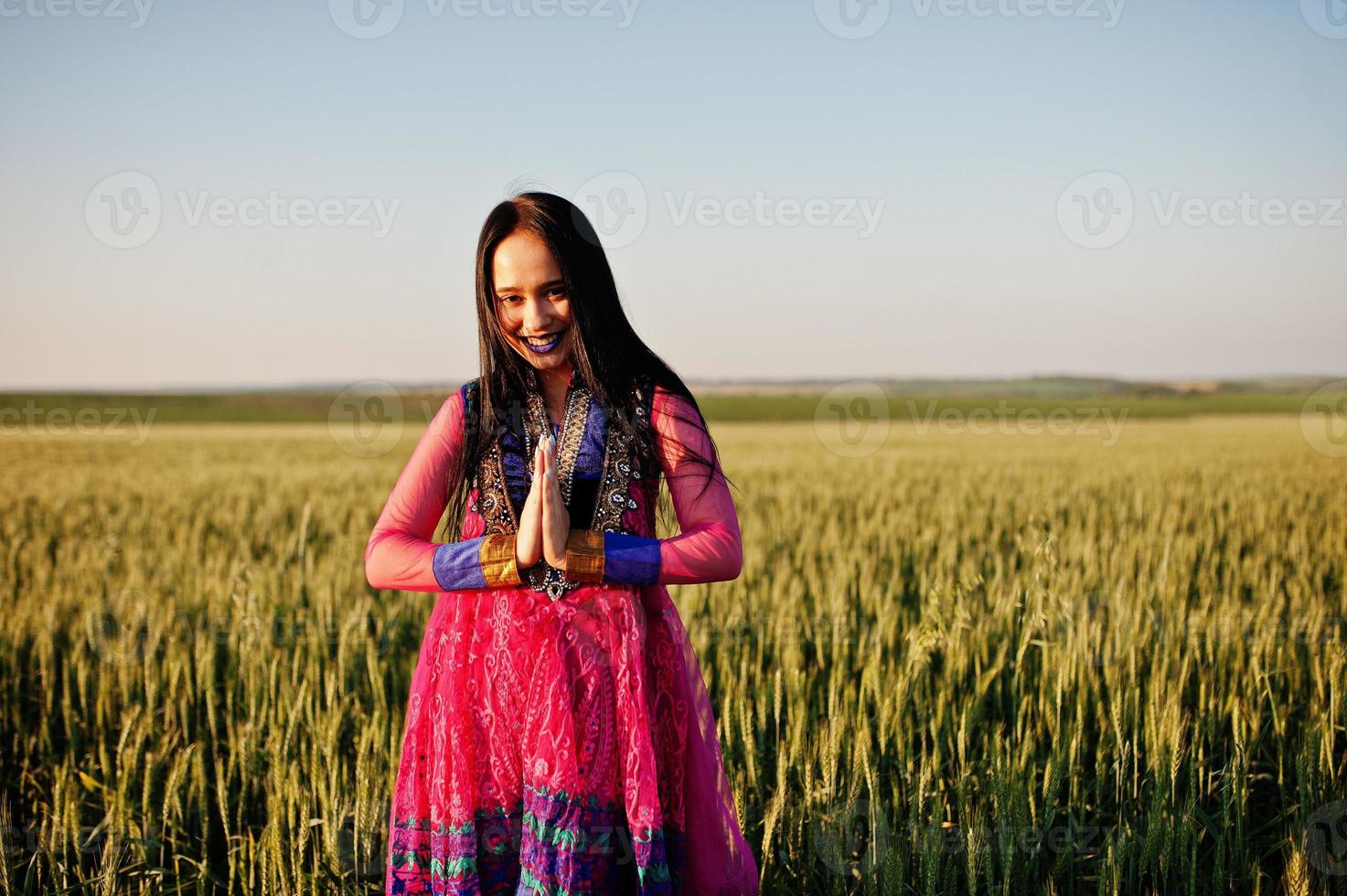 Tender indian girl in saree, with violet lips make up posed at field in sunset. Fashionable india model. photo
