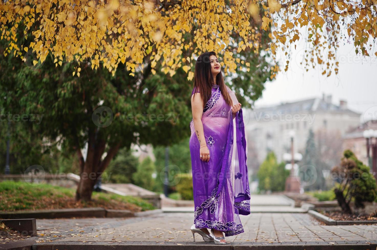 Indian hindu girl at traditional violet saree posed at autumn street. photo