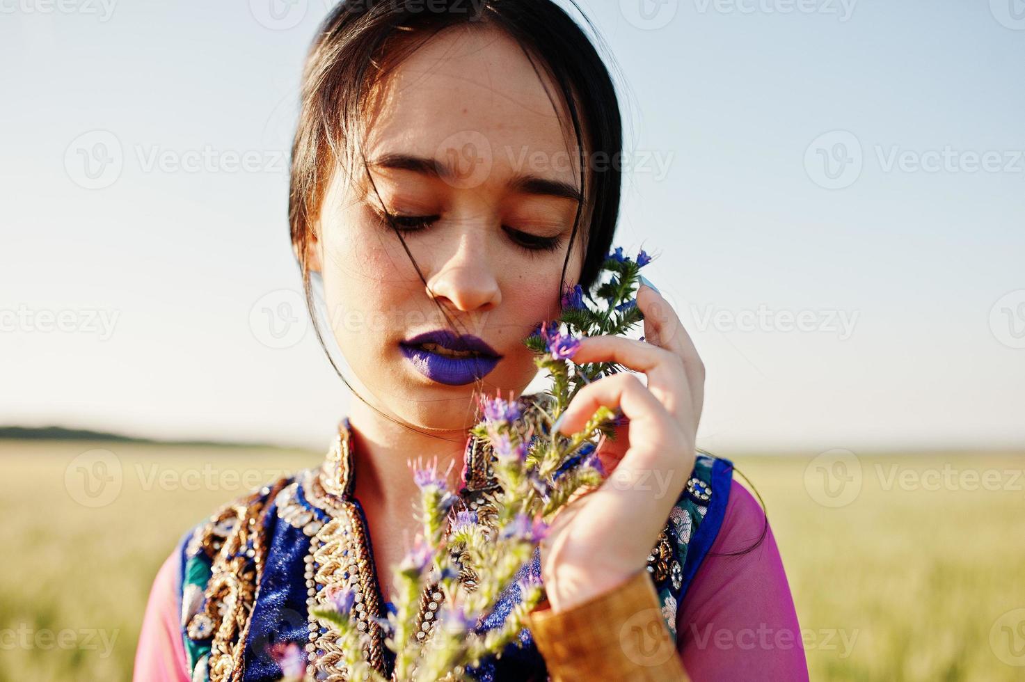 Tender indian girl in saree, with violet lips make up posed at field in sunset. Fashionable india model. photo