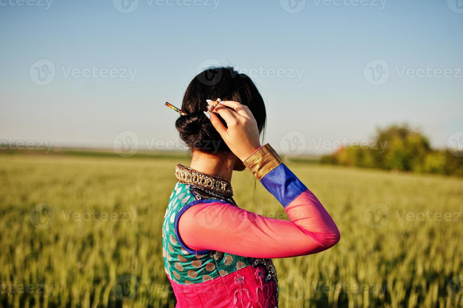Tender indian girl in saree, with violet lips make up posed at field in sunset. Fashionable india model. photo