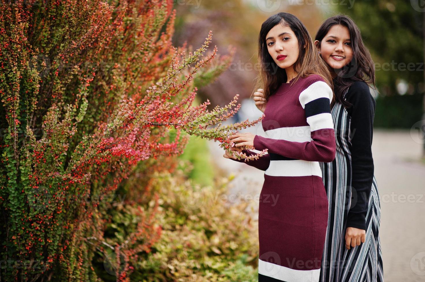 Portrait of two young beautiful indian or south asian teenage girls in dress posed near bushes. photo