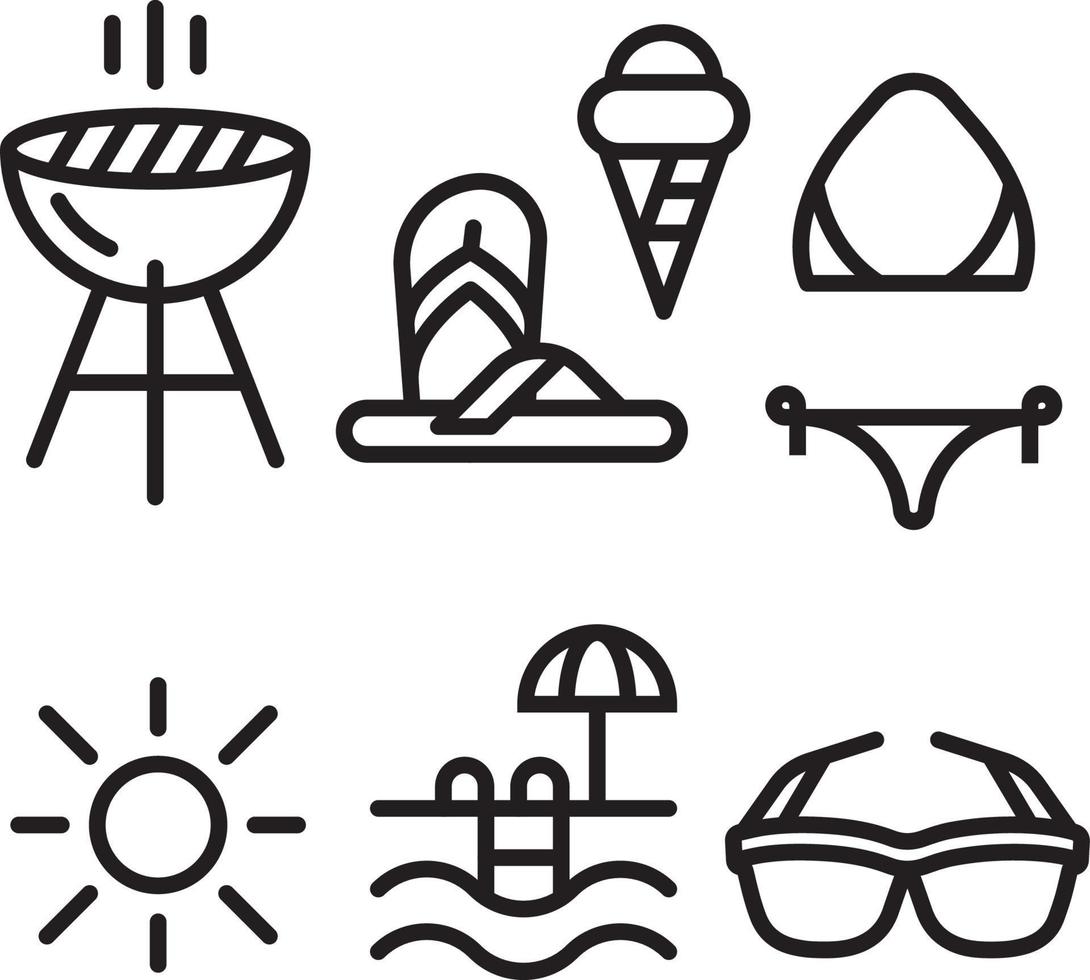 Simple summer icon pack includes grill stand, barbeque, flip-flop, sandals, ice cream, bikini, sun, pool with an umbrella and sunglasses vector