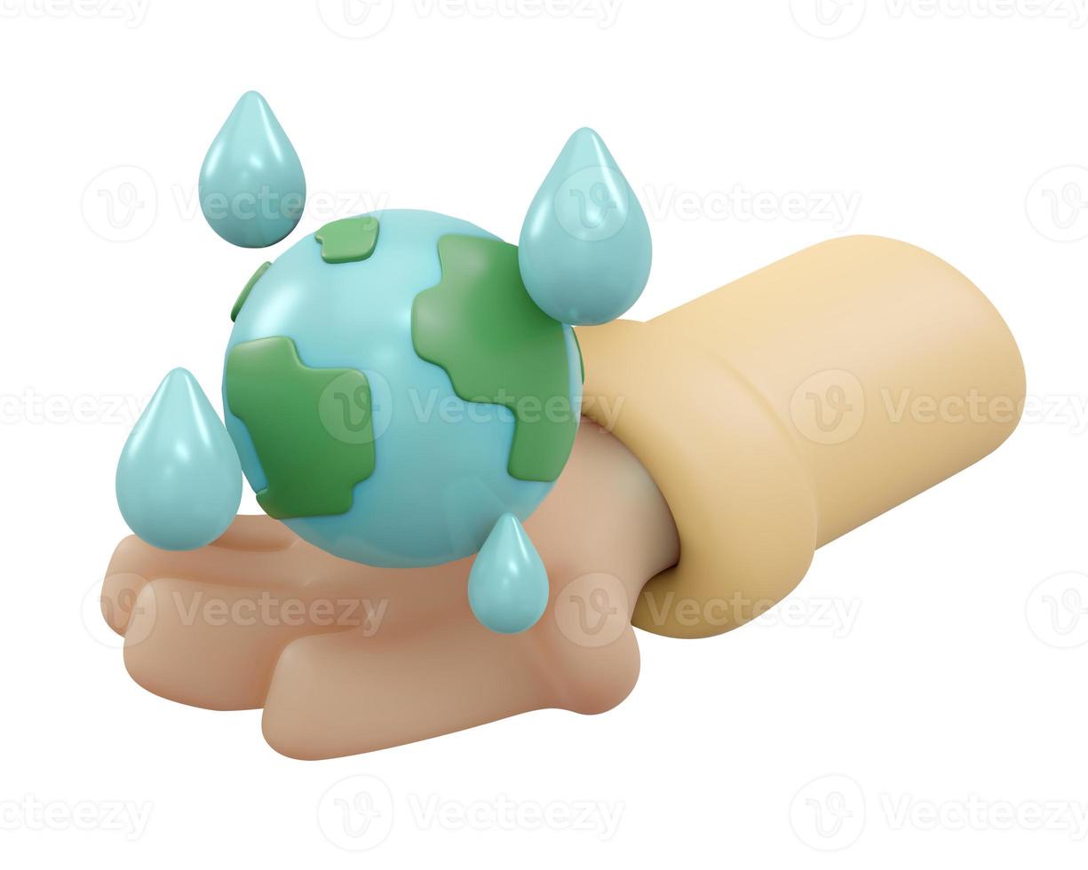 3D Rendering of hand holding earth icon with water drop isolated on white background concept of world water day. 3D Render illustration cartoon style. photo