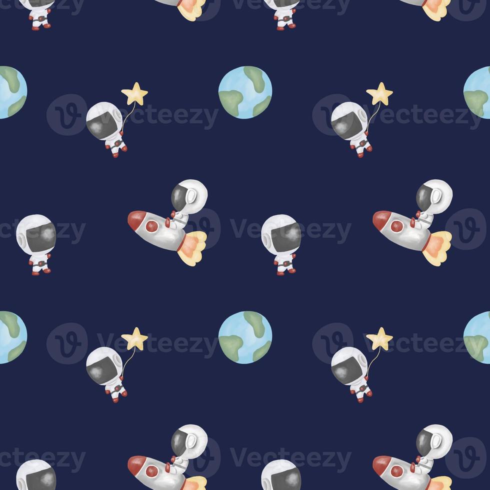 Cute seamless hand drawn watercolor astronaut travel in space pattern background for children photo