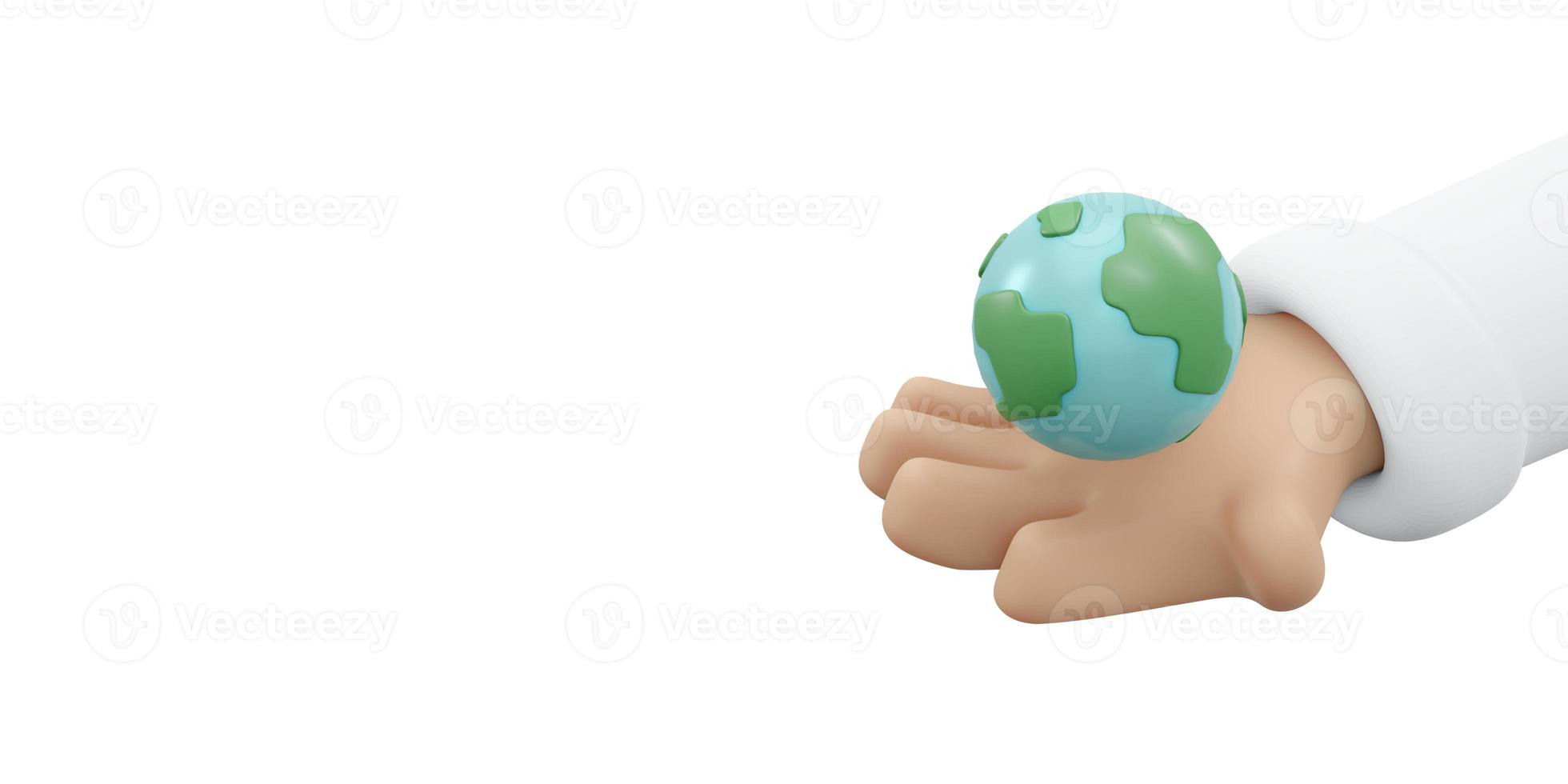 3D Rendering of hand holding earth icon concept of earth day background, banner, card, poster. 3D Render illustration cartoon style. photo