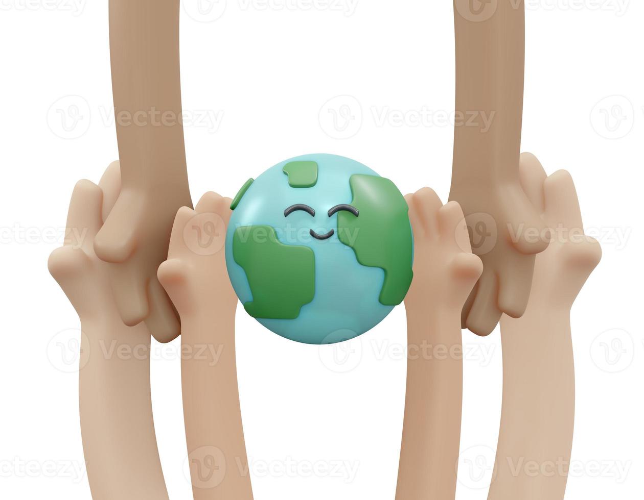 3D Rendering of hand holding happy smiley earth icon concept of World Environment Day background, banner, card, poster. 3D Render illustration cartoon style. photo