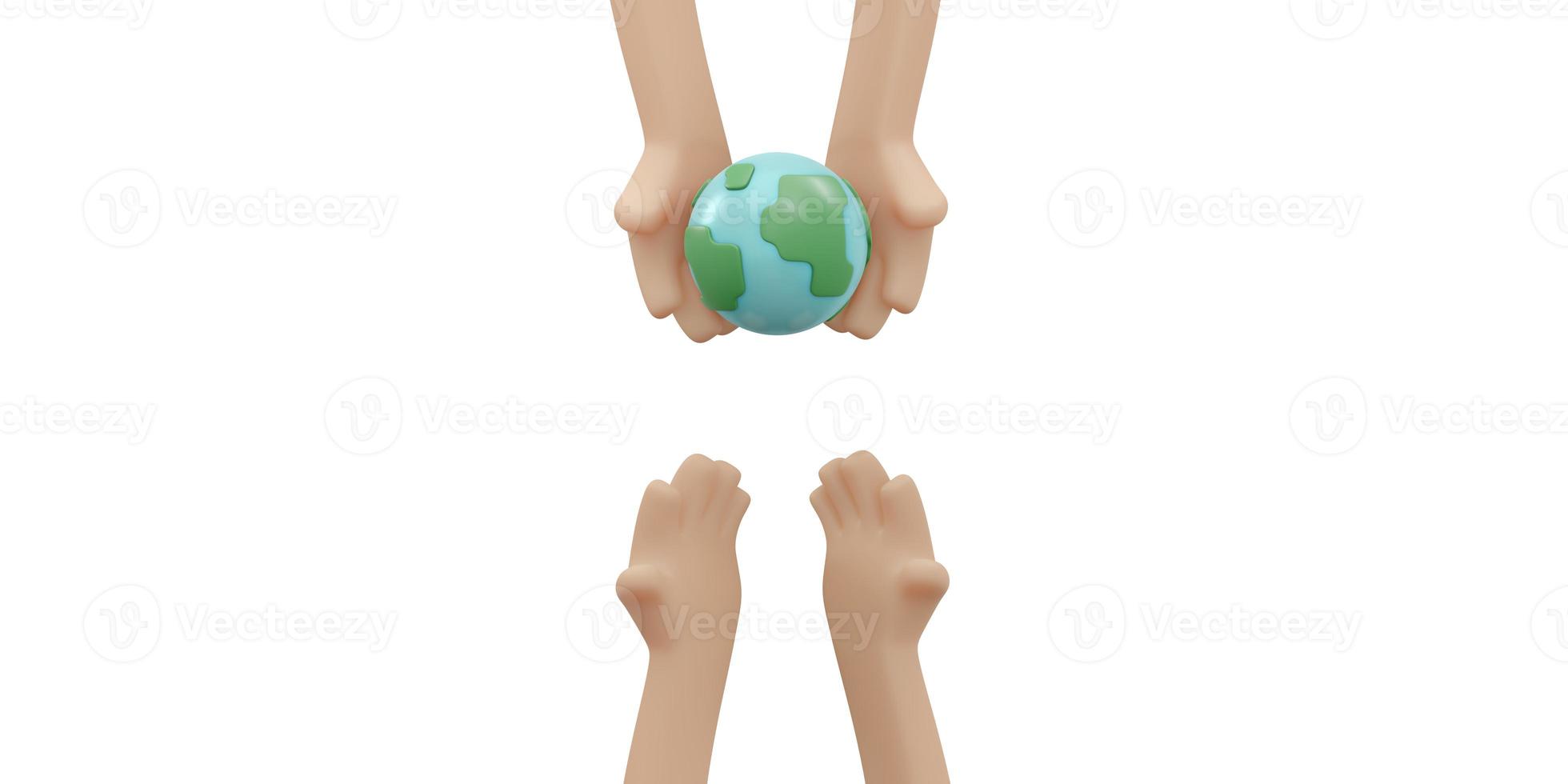 3D Rendering of hand giving earth icon to hand concept of earth day background, banner, card, poster with text inscription. 3D Render illustration cartoon style. photo