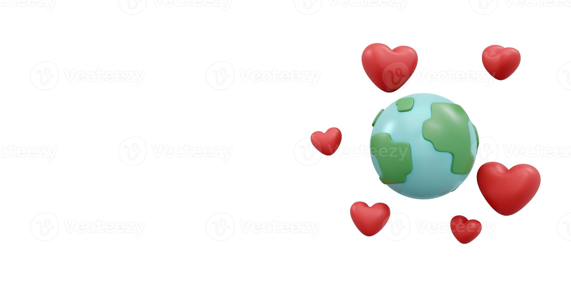 3D Rendering of earth and heart icon concept of earth and environment day background, banner, card, poster. 3D Render illustration cartoon style. photo