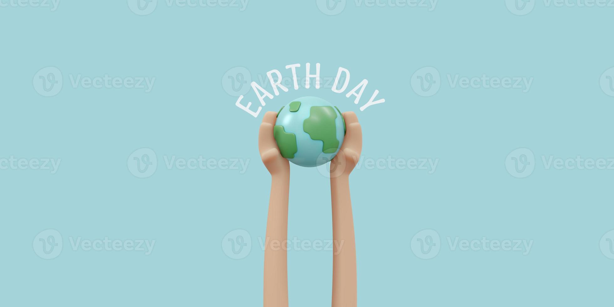 3D Rendering of hand holding earth icon concept of earth day background, banner, card, poster with text inscription. 3D Render illustration cartoon style. photo