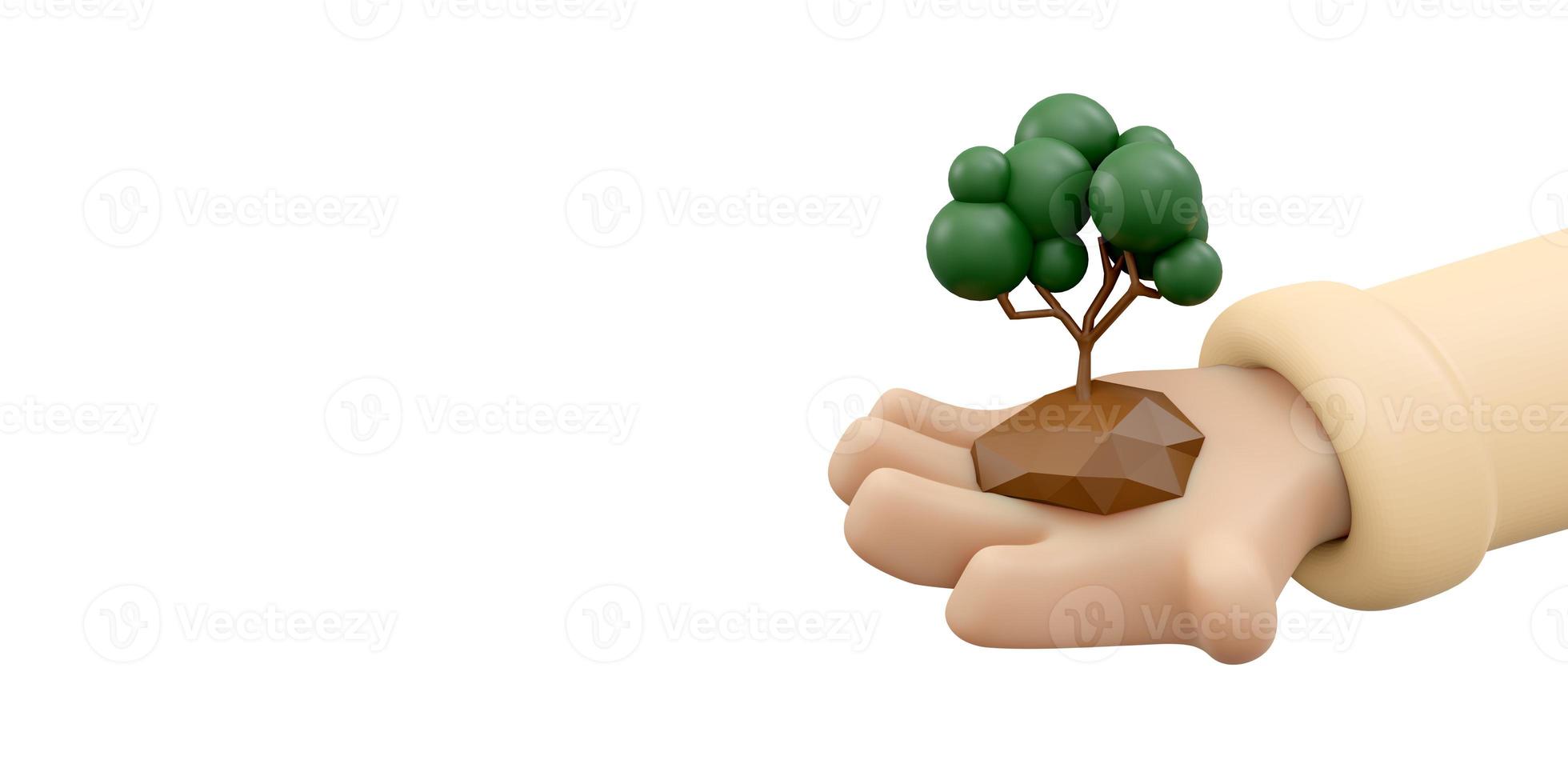 3D Rendering of hand holding tree icon concept of World Environment Day background, banner, card, poster. 3D Render illustration cartoon style. photo