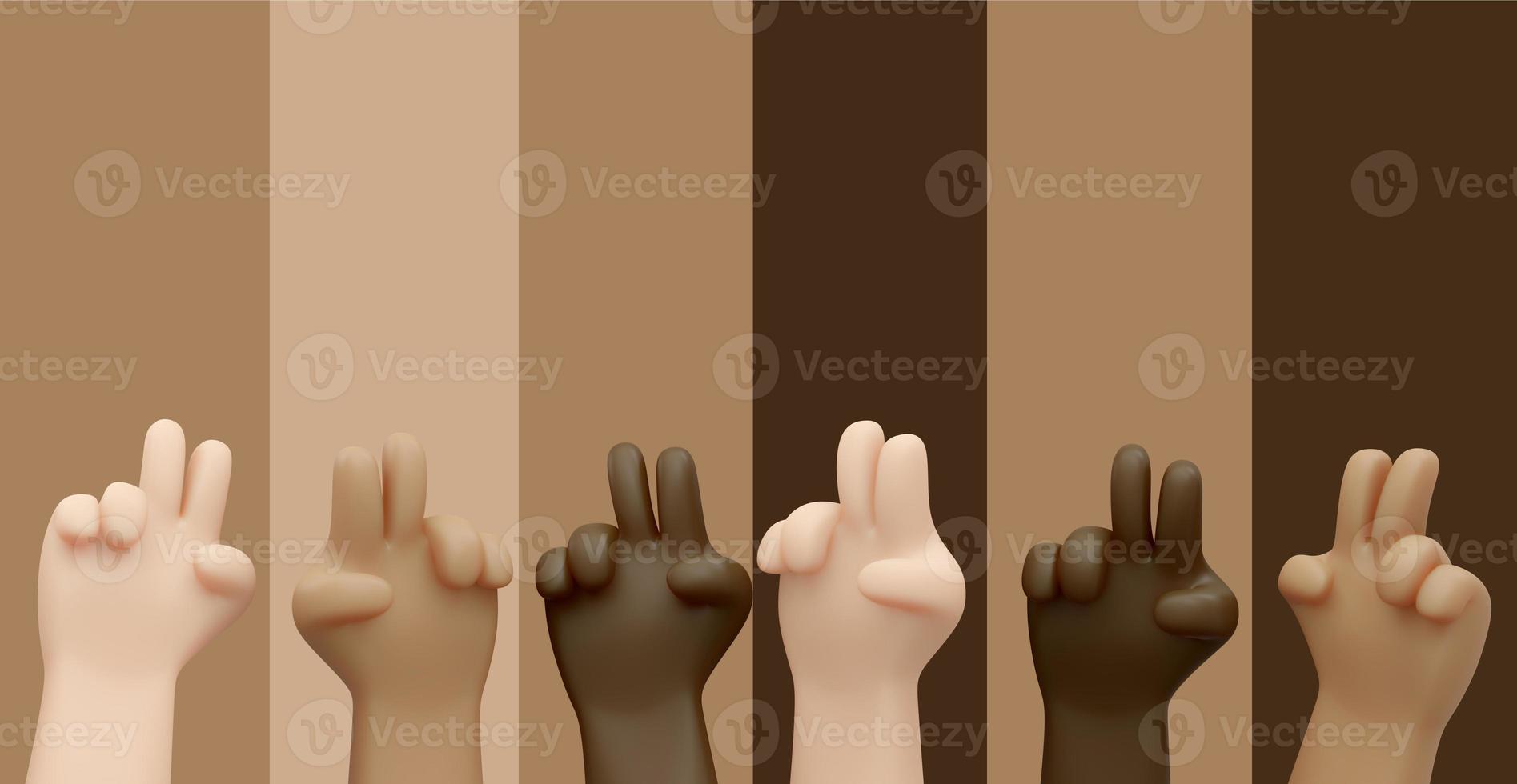 3D Rendering of hands in many color skin gesturing peace sign  on colors background with text inscription banner concept of stop racism no war, equality of human rights. 3D Render illustration. photo