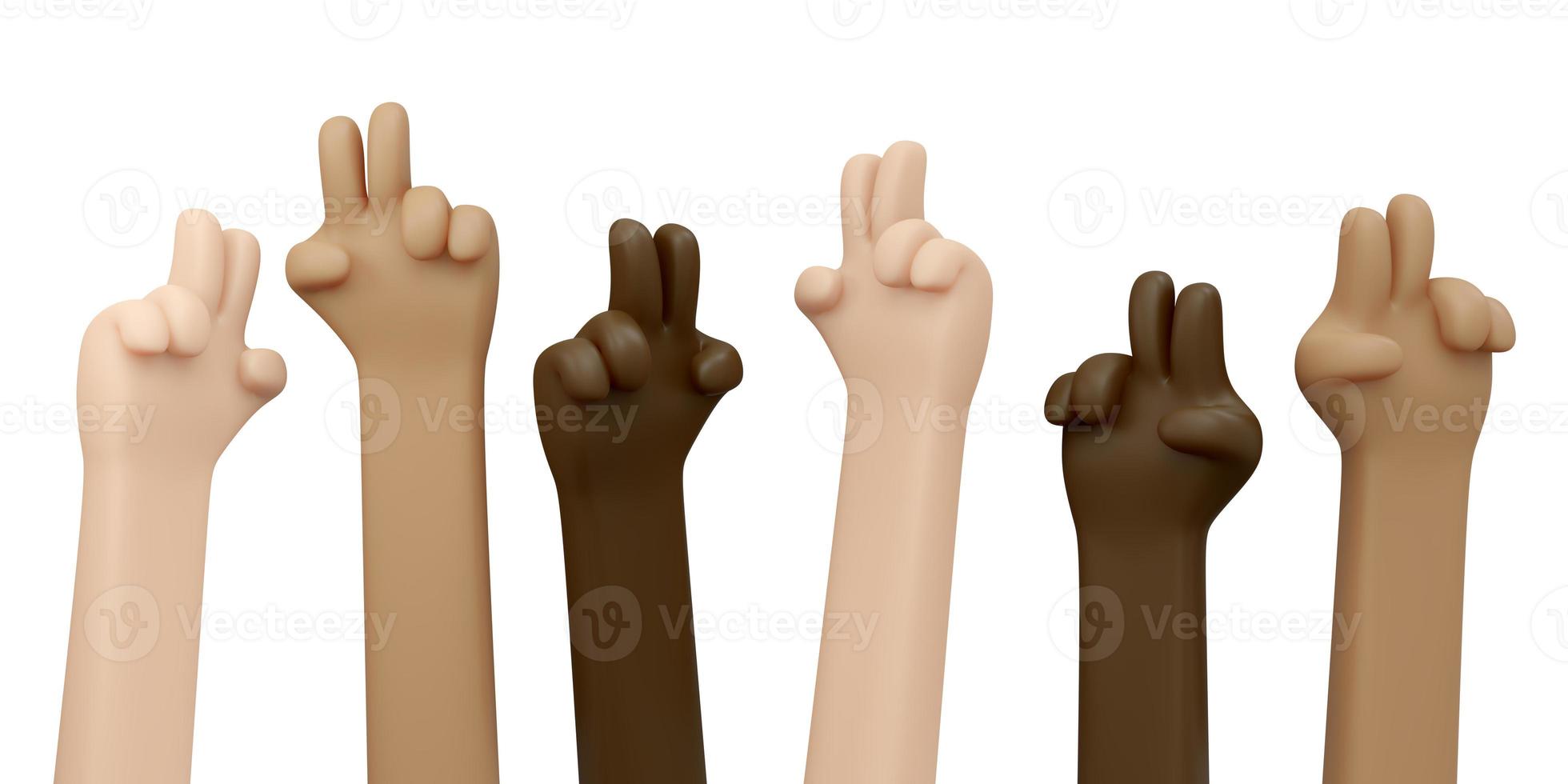3D Rendering of hands in many color skin gesturing peace sign isolated on white background banner concept of no war stop fighting save the world. 3D Render illustration cartoon style. photo