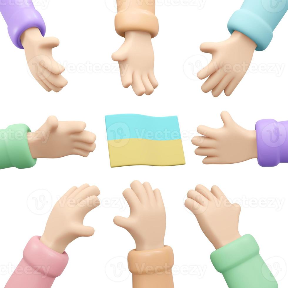3D Rendering of hands reach out to Ukraine flag in the middle concept of support and help for Ukrainian. 3D Render illustration cartoon style. photo