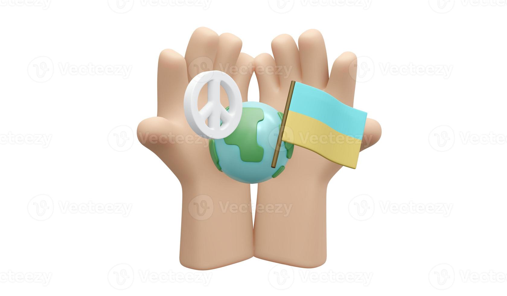 3D Rendering of globe peace sign and Ukraine flag on white background concept of no war stop fighting. 3D Render illustration cartoon style. photo