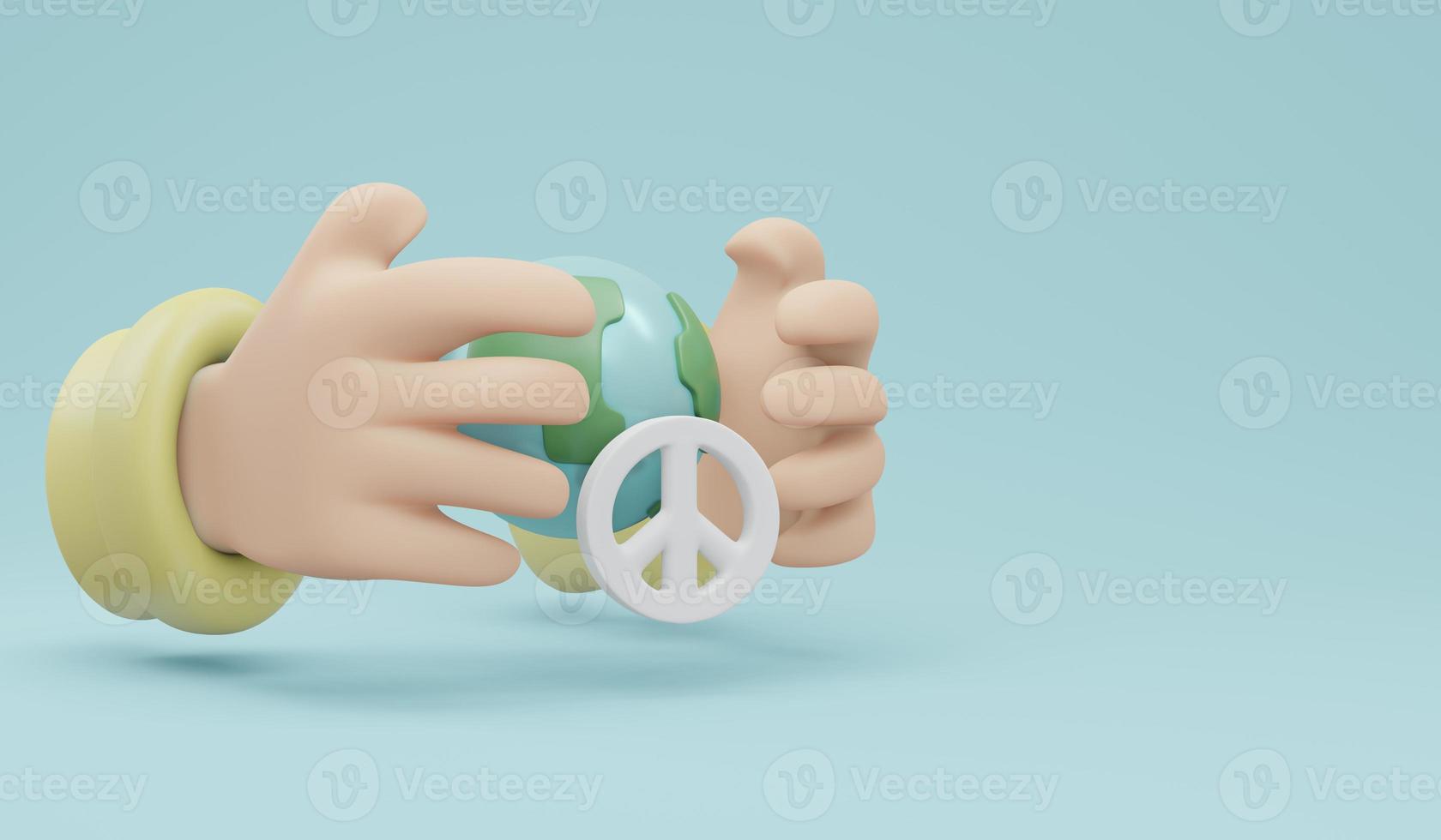3D Rendering of hand protecting globe peace sign on background concept of no war stop fighting save the world. 3D Render illustration cartoon style. photo