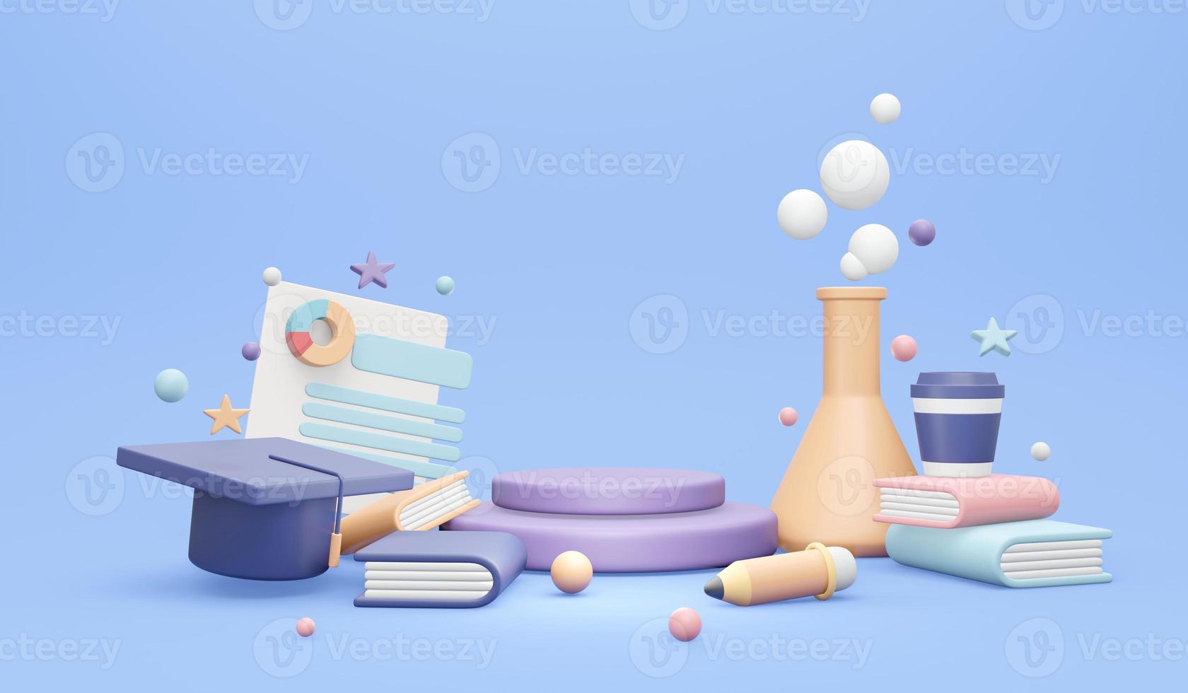 3d rendering of education elements with copy space for commercial concept of back to school background banner. 3d render illustration cartoon style. photo