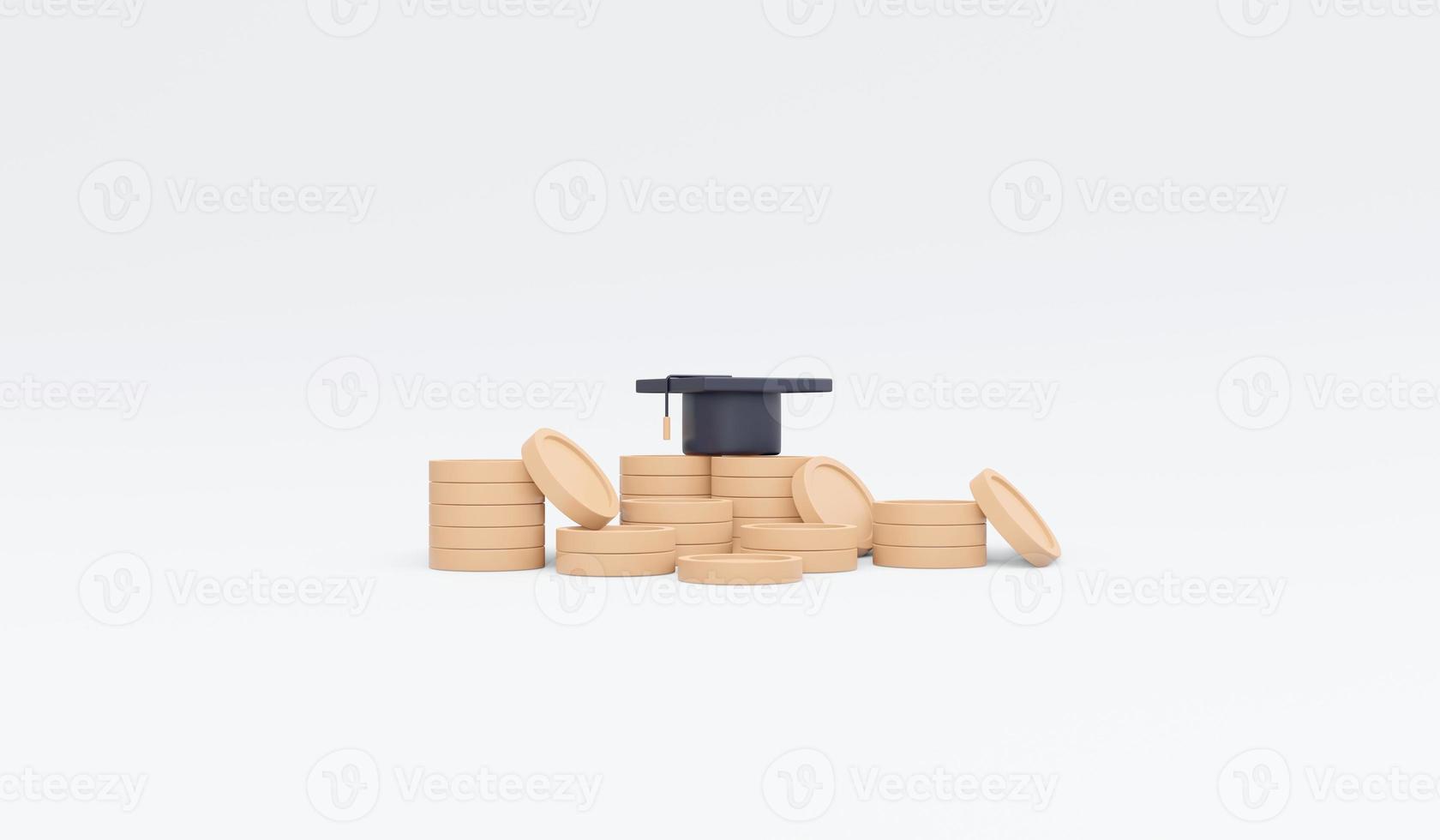 3d rendering of graduation cap icon and coins concept of saving money for education on background. 3d render illustration cartoon style. photo