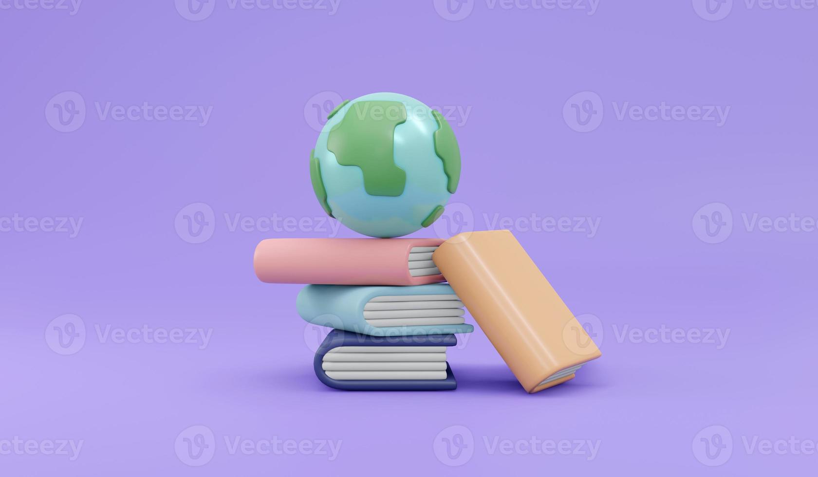 3D Rendering of Books and global icon. Template for background, banner, card, poster with text inscription concept of education. 3D Render illustration cartoon style. photo