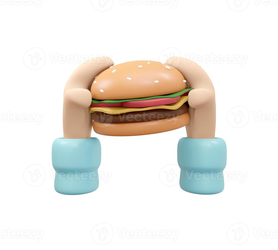 3D Rendering of hand holding burger isolate on white background. 3D Render illustration cartoon style. photo