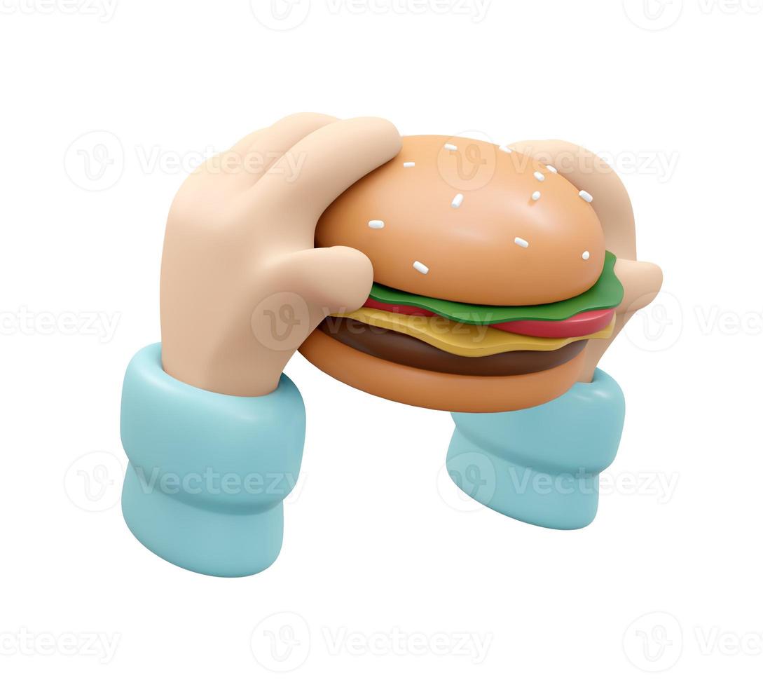 3D Rendering of hand holding burger isolate on white background. 3D Render illustration cartoon style. photo