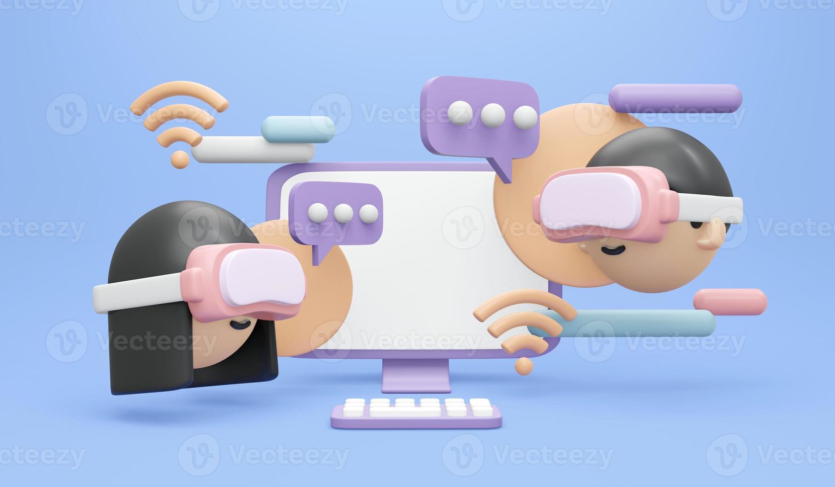 3D Rendering of girl boy with visual reality glasses sharing information platform concept of VR Metaverse technology. 3D Render illustration cartoon style. photo