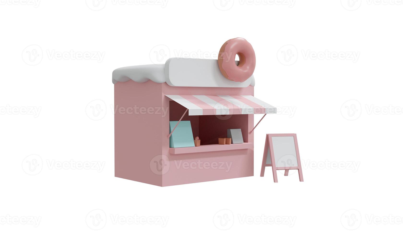 3D Rendering of pink doughnut shop vendor isolated on white background. 3D Render illustration cartoon style. photo