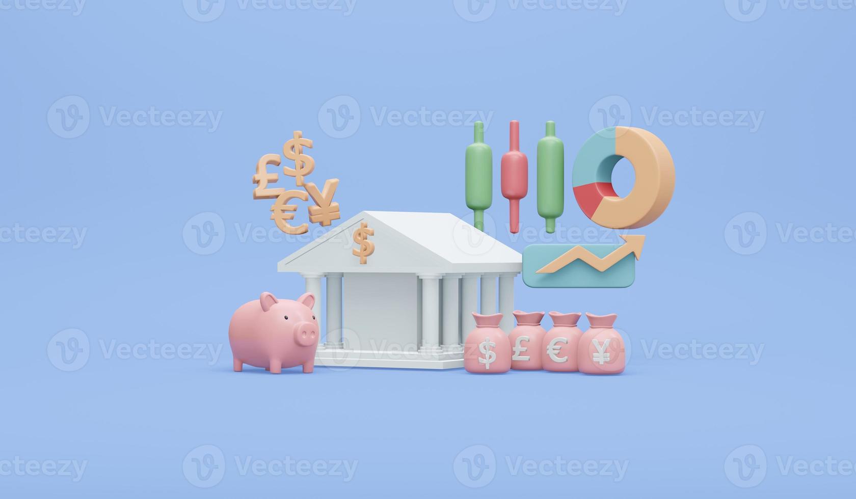 Representación 3d del icono del banco del elemento del dinero concepto de la alcancía del icono del mercado de valores de la moneda de la inversión financiera en fondo. estilo de dibujos animados de ilustración de procesamiento 3d. foto