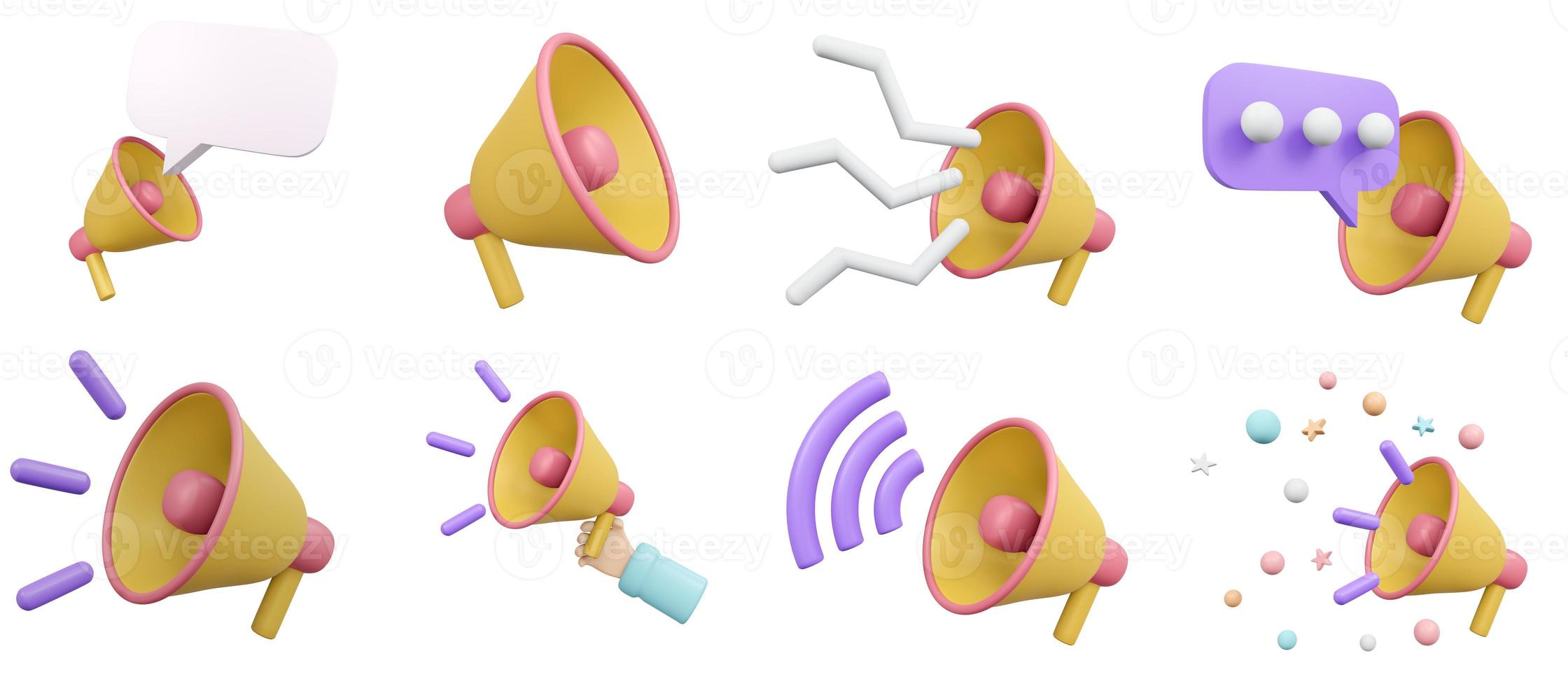 3d rendering of megaphone with voice elements isolated on white for commercial template background design. 3d render illustration cartoon style. photo