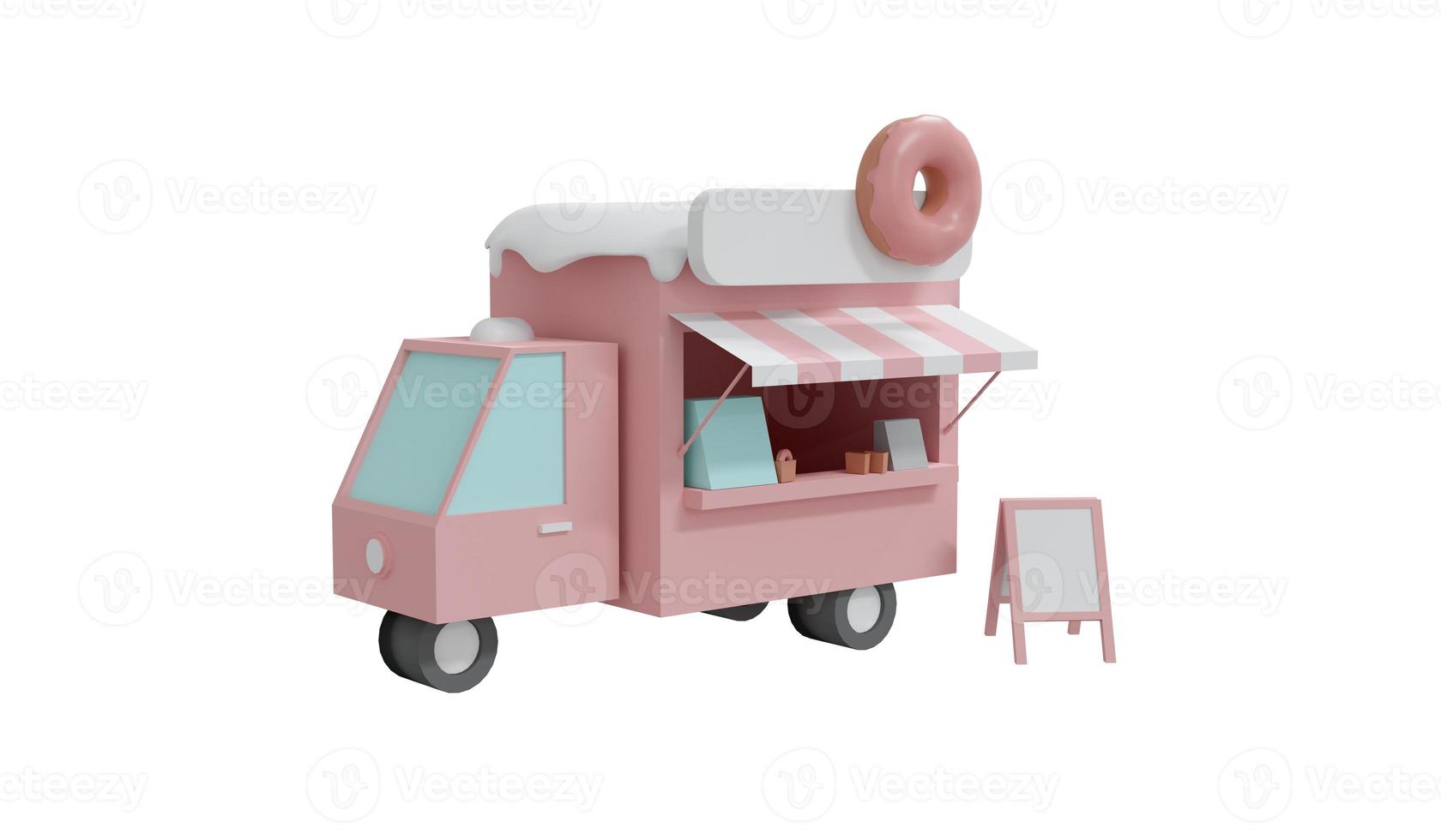 3D Rendering of pink doughnut shop vendor isolated on white background. 3D Render illustration cartoon style. photo